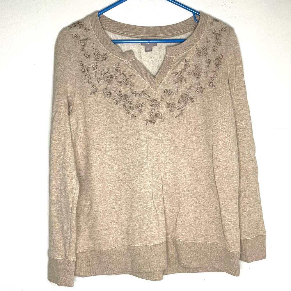 J Jill Floral Embroidered Split Neck Long Sleeve Sweatshirt Women S P Tan Cotton